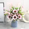 Combinación de girasol y crisantemo de bola flores artificiales para decoración del hogar, mesa de comedor, flores falsas, piezas para escaparates, arte floral de lujo ligero, venta al por mayor desde el fabricante