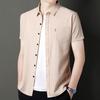 Camisa de Lino Fino de Manga Corta Otoño Cuadros Rayas Hombres Camisa de Algodón y Lino Corte Delgado con Bolsillos Reales Casual para Personas de Mediana Edad y Mayores