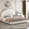 Cama estilo pétalo crema con carcasa de cama de cuero genuino, cama para dormitorio principal tapizada, cama para niña, cama doble de alta gama para bodas