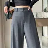 Calça de terno cinza feminina, estilo outono, calça corte banana, cintura alta, fluida, calça casual de perna reta, calça de perna larga estreita