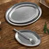 Prato Retangular de Peixe Grelhado Retro em Aço Inoxidável Transfronteiriço, Prato Oval Estilo Antigo, Prato Raso para Churrasco Quente com Fundo Plano Envelhecido, Prato para Petiscos