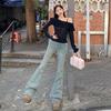 Calça Jeans Rasgada Estilo Americano com Cintura Alta, Slim-fit, Micro-emagrecedora, com Estampa de Especiarias de Outono, Calça Flare Stretch Feminina