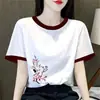 Camiseta Estampada de Manga Curta com Patchwork Color-Blocking Estilo Designer para Mulheres, Tamanho Plus, Top Emagrecedor, Comércio Exterior Transfronteiriço