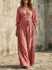 Amazon 2026 Otoño Estilo Nuevo Europeo y Americano Encaje Cuello en V Cintura Ajustada con Lazo Manga de Campana Tres Cuartos Vestido Casual de Vacaciones