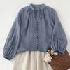 Blusa de Algodón y Lino de Manga Elástica con Botón de Un Solo Botón y Corbata, Manga de Farol, Botón Pequeño Holgado, Protección Solar, Disponible en Stock 2025 para Mujeres
