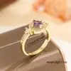 Anel de Amethysto Banhado a Ouro Estilo Europeu e Americano para Mulheres, Joia de Anel Aberto Ajustável com Zircônia Envolvente de Luxo Leve