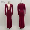 Vestido de Otoño para Mujer Europeo y Americano de Comercio Exterior Transfronterizo, Color Sólido, Elegante y Sexy, Cuello en V Profundo, Ceñido a la Cintura, con Cola de Pez Fluida, Vestido de Manga Larga para Mujer