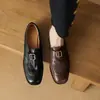 En Stock~ Mocasines de Cuero Genuino con Puntera Cuadrada y Tacón Grueso con Hebilla, Nuevo Estilo Zapatos de Cuero Suave de Piel de Vaca con Tacón Medio Estilo Británico