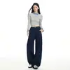 Jeans azul escuro com faca curva feminino reto solto slim outono e inverno novo 2026 versátil americano perna larga comprimento total calças
