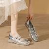 Sapatilhas de Ballet Refletivas Prata para Mulheres, Sapatos Mary Jane Planos com Bico Quadrado e Laço, Sapatos Individuais Respiráveis para Combinar com Saias