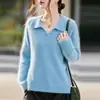 Suéter feminino macio novo de malha solta com lapela para outono e inverno, com toque de cashmere escovado, 2026, blusa macia de lã de manga comprida