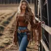 Camiseta de Mujer de Hombros Descubiertos con Borlas Estilo Western Vintage