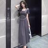 Estilo Maduro Ligero Verano Cuello Cuadrado Estilo Occidental Ajustado Adelgazante Top de Manga Corta Cintura Alta Color Sólido Suelto Plisado Traje de Dos Piezas para Mujer