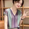 Camisa de Manga Corta con Rayas de Color Contrastante y Cuello en V Única y Elegante de Shenzhen Nanyou para Mujer, Top de Verano de Estilo Maduro Adelgazante de Gama Alta