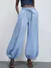 Pantalones jogger de mezclilla Tencel estilo europeo y americano para mujer, pantalones de pierna ancha con cintura de cordón, pantalones finos de verano para mujer