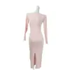 Vestido de punto rosa con cuello para mujer, estilo otoño, corte ajustado, ceñido a la cintura, puro y sexy, vestido largo que realza las caderas