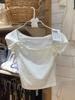 Camiseta feminina BM style gola grande com cadarço ombro a ombro laço branco manga curta top estilo bm pura sedução short para garota quente