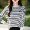 Suéter pullover novo transfronteiriço outono e inverno para mulheres, malha Andy de veludo com gola redonda, camisa base bordada, listrado estilo coreano comércio exterior