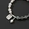 Prata S925 Moda Retrô Pingente Quadrado Pulseira de Pedra da Lua Pérola Pulseira Elástica de Cristal Labradorita Feita à Mão C0688
