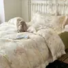 Estilo Coreano Chiffon Fresco Renda Algodão Puro Conjunto de Quatro Peças Estampa Floral Pequena Toda em Algodão Camada Dupla Gaze Capa de Edredom Lençol Roupa de Cama