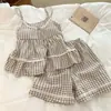 Pijama de Algodón Nube para Mujer, Verano, con Almohadillas Integradas en el Pecho, Estilo Coreano, Dulce, a Cuadros, Conjunto de Camisola y Shorts para Casa, Se Puede Usar Afuera