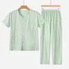 Conjunto de pijama feminino de algodão puro com gola redonda e manga curta para primavera e verão, 100% algodão penteado, estilo cardigã fino, blusa de moletom e calça de pijama, produto novo para idosos