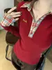 Camiseta de Manga Larga con Cuello de Solapa a Cuadros Estilo Coreano Patchwork para Mujer, Nuevo Atuendo de Otoño e Invierno para Navidad, Top Básico Vintage Ajustado