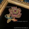 Western Middle Ancient Vintage Cobre Incrustado Vermelho Strass Flor Broche Indústria Pesada Retro 18 Ouro Velho