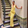 Nuevo Vestido de Moda de Verano para Mujeres Europeas y Americanas, Sexy, Escote en V Profundo, Tirantes al Cuello, Espalda Descubierta, Drapeado, Abertura para Mujer