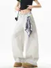 Bufanda Cuadrada Estilo Americano Ropa de Trabajo Jeans para Hombre, Nuevo Verano Holgado Fresco Pierna Ancha Ajusteholgado Dobladillo Curvo Pantalones Largos hasta el Suelo