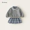 Conjunto Feminino Youbao: Conjunto de Duas Peças para Crianças com Blusa de Gola Franzida e Saia Plissada Xadrez, Outono 2026