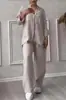 Gd2024 Conjunto de Dos Piezas de Camisa de Color Puro de Algodón y Lino Casual con Cordón y Pantalones de Pierna Ancha Transfronterizo Europeo y Americano Amazon Moda