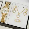 Conjunto Popular de Relojes para Mujer Transfronterizo de Comercio Exterior, Conjunto de Cinco Piezas con Reloj para Mujer Incrustado de Diamantes, Reloj de Cuarzo Cuadrado de Moda para Dama