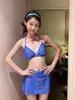 Traje de Baño Bikini Falda Dividida Pura y Dulce Estilo Francés Juego de Cuatro Piezas con Cubre-traje de Manga Larga, Protección Solar y Diseño Conservador para Aguas Termales