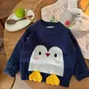 Suéter Redondo para Niños al por Mayor Estilo Coreano Dibujo Animado Pingüino Tejido Superior Pulóver Otoño Invierno para Niños Capa Base Ropa Infantil
