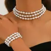 Conjunto de Colar de Pérolas Barrocas Multicamadas para Mulheres Corrente Simples Elegante para Clavícula Pulseira Combinando Joias Estilo Ins Suave