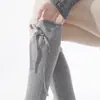 Calcetines de Encaje de Doble Aguja con Cordones hasta la Pantorrilla, Estilo Ballet de Primavera, Calcetines Grises de Canalé Holgados, Estilo JK, Calcetines de Media Pantorrilla Mary Jane, Calcetines de Algodón para Niñas