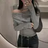 Enviado, talla actualizada: Colección de otoño nueva y chic coreana, camiseta de manga larga con hombros descubiertos estilo retro, ropa para mujer
