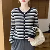 Cárdigan de punto a rayas de colores retro para mujer, otoño invierno, suave, esponjoso, estilo perezoso, suéter, prenda exterior rejuvenecedora
