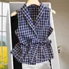 Tops Francês de Luxo Leve, de Alta Qualidade, Únicos e Bonitos para Ocasiões Importantes Camisa Sem Manga Azul Xadrez Acinturada para Mulheres Verão