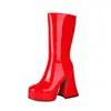 Botas Longas Femininas de Couro Patente Sola Grossa Salto Bloco Salto Super Alto Zíper Lateral Botas de Cano Alto Botas de Equitação Botas de Cano Alto Femininas Botas Martin