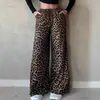 Em Estoque Amazon Aliexpress Europeu e Americano Estampa de Leopardo Primavera e Outono Cintura Elástica Caimento Solto Reto Calças Casuais