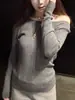 Camiseta Base de Punto Gris Estilo Coreano de un Hombro con Adorno de Pedrería para Mujer, Suéter Único y Hermoso para Otoño e Invierno, Ropa Interior que Revela las Clavículas