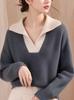Suéter de punto gris con cuello semiabierto y contraste de color para mujer, otoño e invierno 2024, nuevo, de alta gama, súper bonito, suave y con solapa encerada.