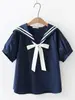 Camisa Azul Marino de Manga Corta Estilo Preppy Dulce Nuevo Estilo Primavera y Verano 2024 Diseño para Estudiantes de Secundaria Camisa Holgada Versátil