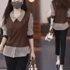 Novedad de Otoño Camisa Rejuvenecedora para Mujer Top Pequeño Holgado Manga Larga Estilo Coreano Adelgazante que Cubre el Vientre Cuello de Muñeca Top de Retazos
