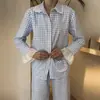 Conjunto de cárdigan a cuadros de algodón puro rosa con cuello, mangas largas con volantes de malla y pantalones largos, pijama estilo europeo y americano, ropa cómoda para casa