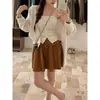 Conjunto de Dos Piezas de Chaleco de Punto Botones Retorcidos Estilo Vintage Puro y Cárdigan de Cuello Cuadrado para Mujer, Parte Superior Suelta y Casual para Otoño e Invierno
