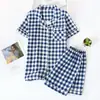 Pijama de algodón para mujer, manga corta, shorts, traje de verano para pareja, gasa de algodón, a cuadros, ropa casual para el hogar para hombre, talla grande