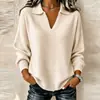 Suéter de punto con cuello polo en V estilo europeo y americano, exportación transfronteriza, top holgado y casual de manga larga para mujer para otoño e invierno